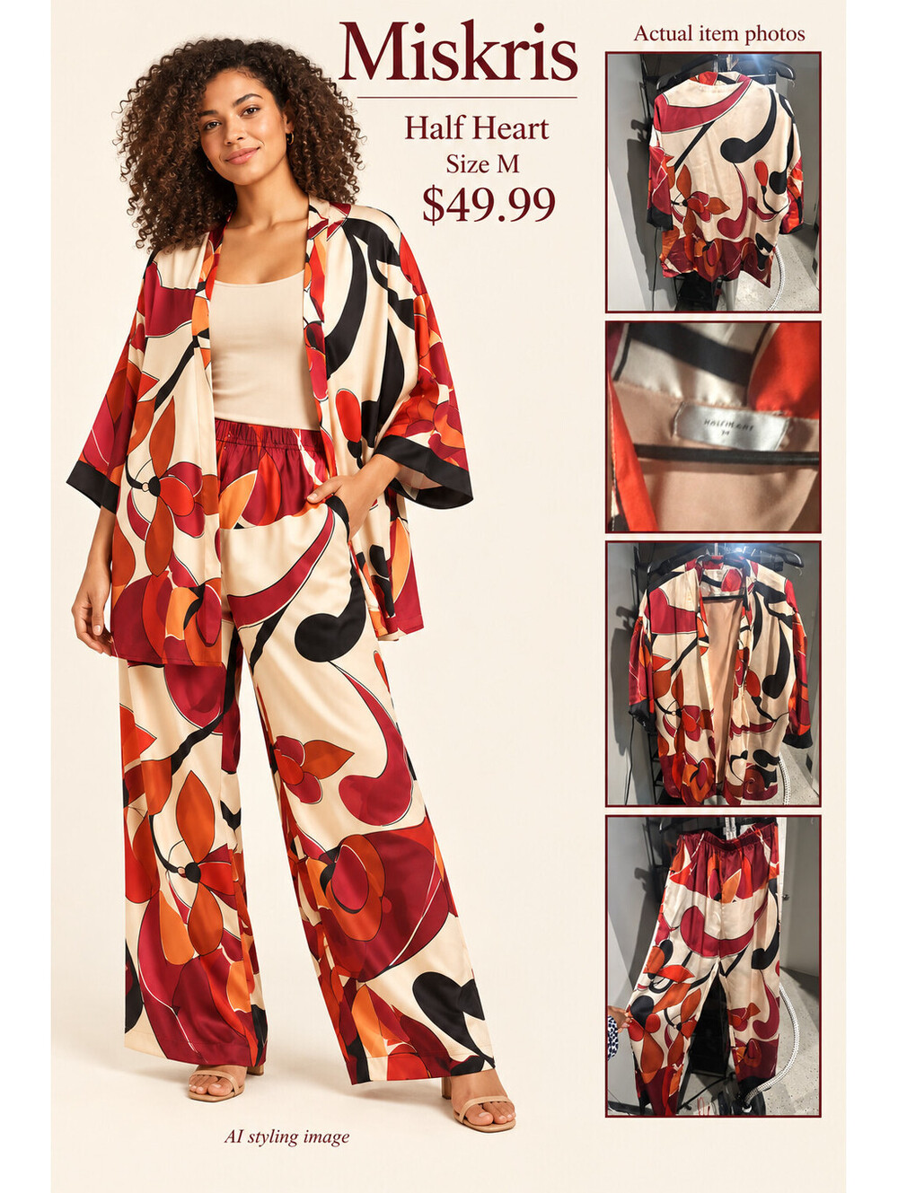 Half Heart Womens 2 Piece Pants Set Abstract Floral Kimono Jacket Cream Red